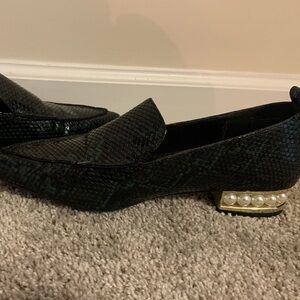 Black Textured Loafers with Pearl Embellished Heel